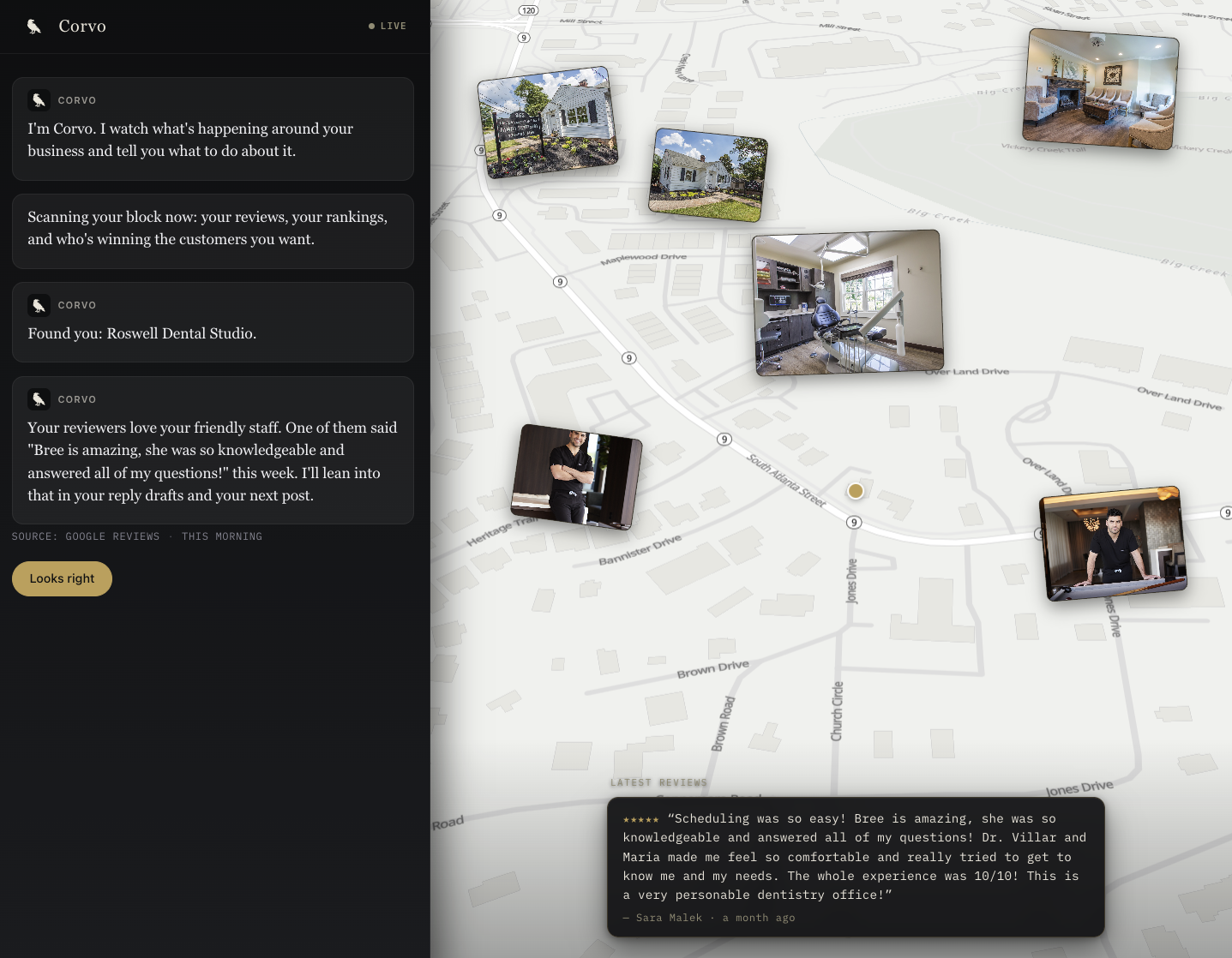 A Corvo scan for Roswell Dental Studio showing nearby practices, office photos, map context, and a recent patient review.