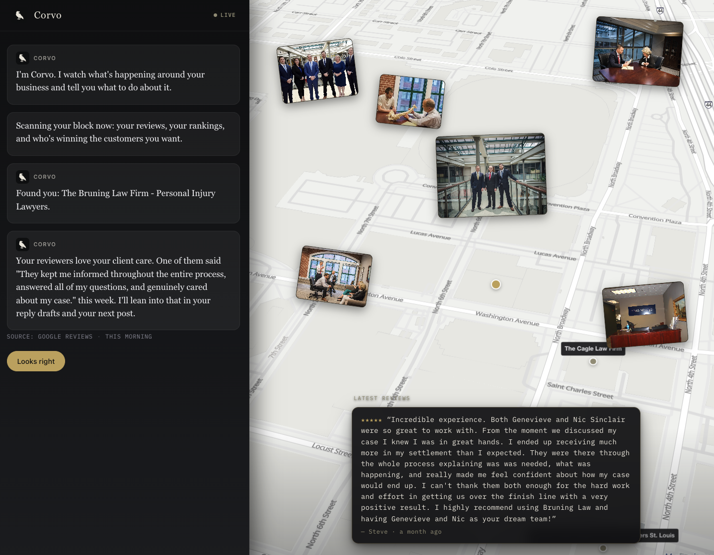 A Corvo scan for The Bruning Law Firm showing nearby firms, team photos, map context, and a recent client review.