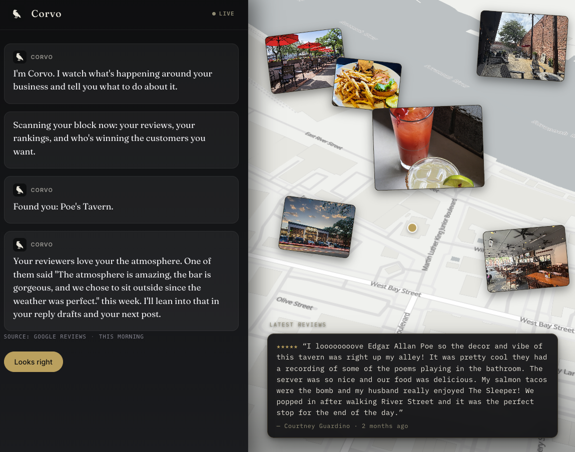 A Corvo scan for Poe's Tavern showing nearby restaurants, photos, map context, and a recent customer review.