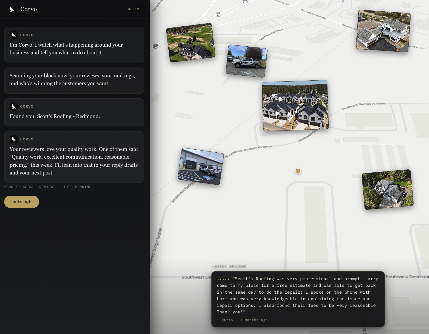 A Corvo scan for Scott's Roofing showing service-area competitors, project photos, map context, and a recent customer review.