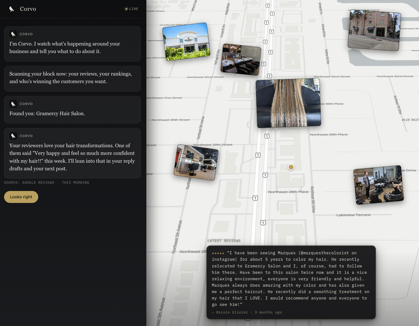 A Corvo scan for Gramercy Hair Salon showing nearby salons, hair and interior photos, map context, and a recent customer review.